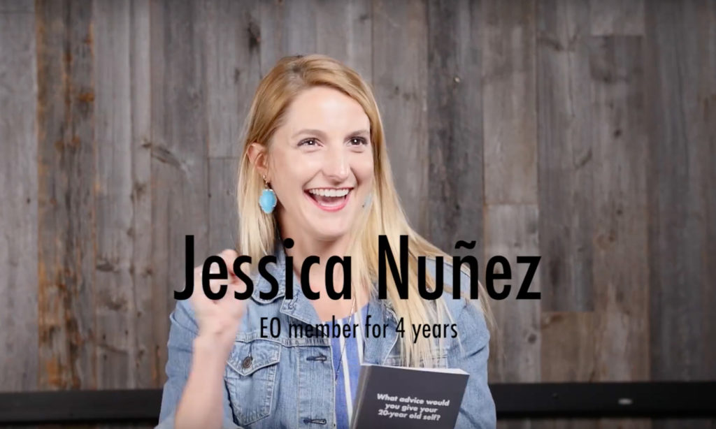 An EO member looking at the camera with the words "Jessica Nuñex, EO member for 4 years" on the screen